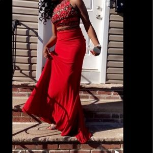 Two piece red prom dress
